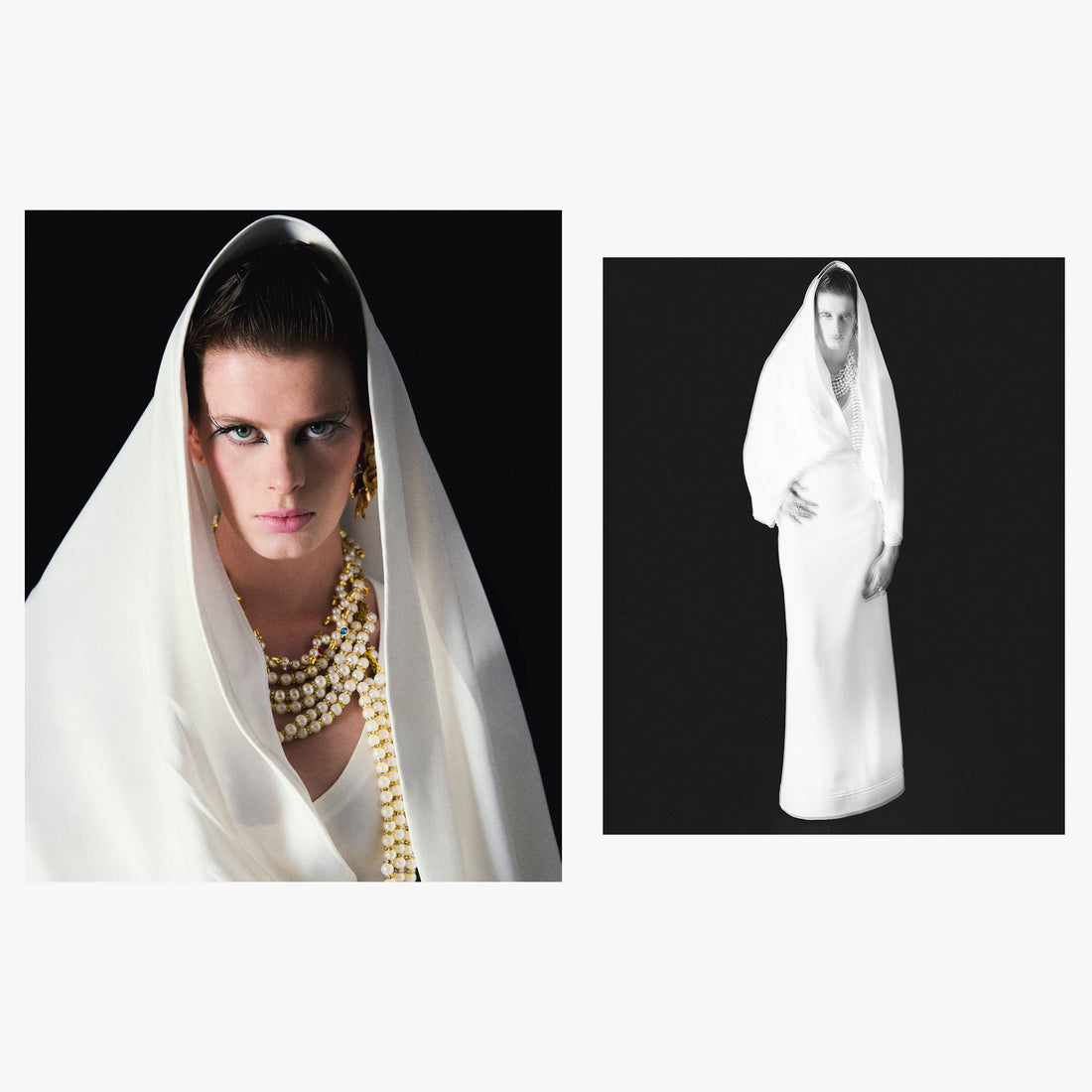Dipti̇k moda editoriyali: beyaz örtü/drape ile stilize model — solda inci kolyeli yakın portre, sağda siyah fonda tam boy siluet.

Fashion editorial diptych: model styled with a white veil/drape — left, close-up with layered pearl necklace; right, full-length silhouette on a black background.