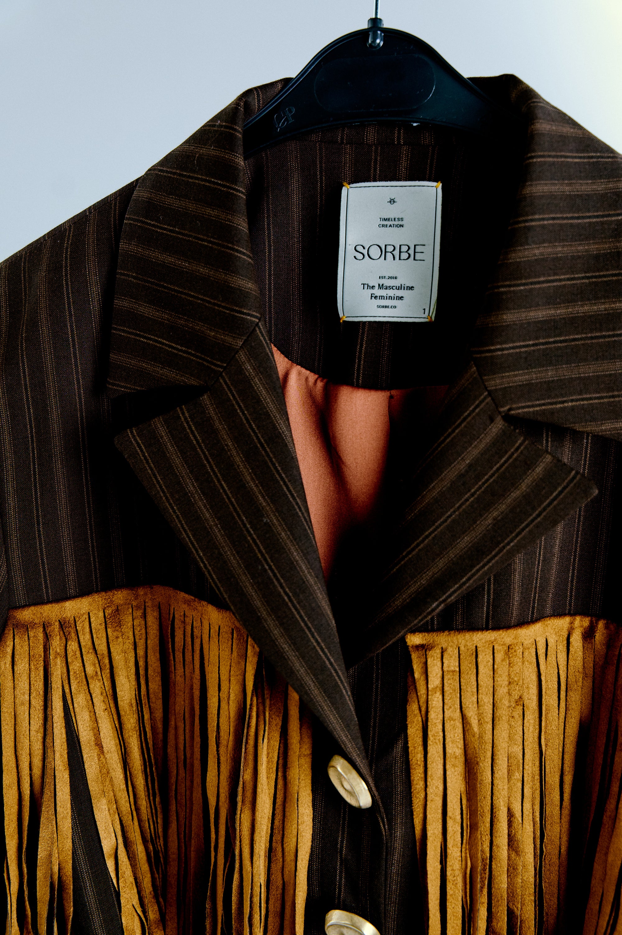 Sorbe çizgili blazer ceket; alt bölümde süet püskül detayları ve metal düğmeler, askıda stüdyo ışığında yakın plan.

Sorbe pinstripe blazer with suede fringe panels and metal buttons, close-up on hanger under studio light.